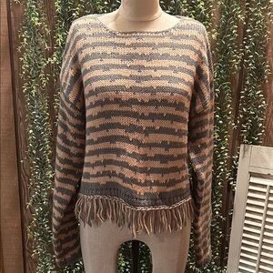 Striped Fringe Sweater - Peach and Gray